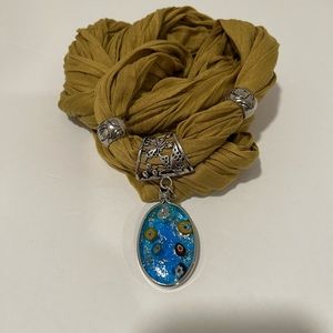 NWOT Infinity Scarf Olive Green Silk Blend Blue Glass Charm Accent Western Boho